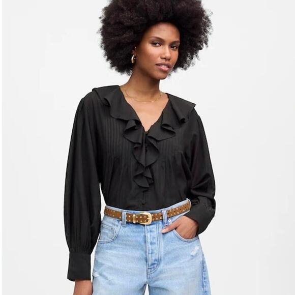 NWT Madewell Ruffled Pintucked Long-Sleeve Top True Black Size XL - Picture 1 of 11